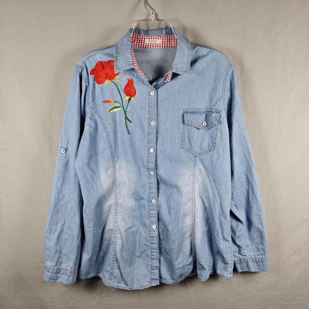SoTeer Shirt Womens XL Blue Chambray Denim Rose Embroidered Floral Button Up